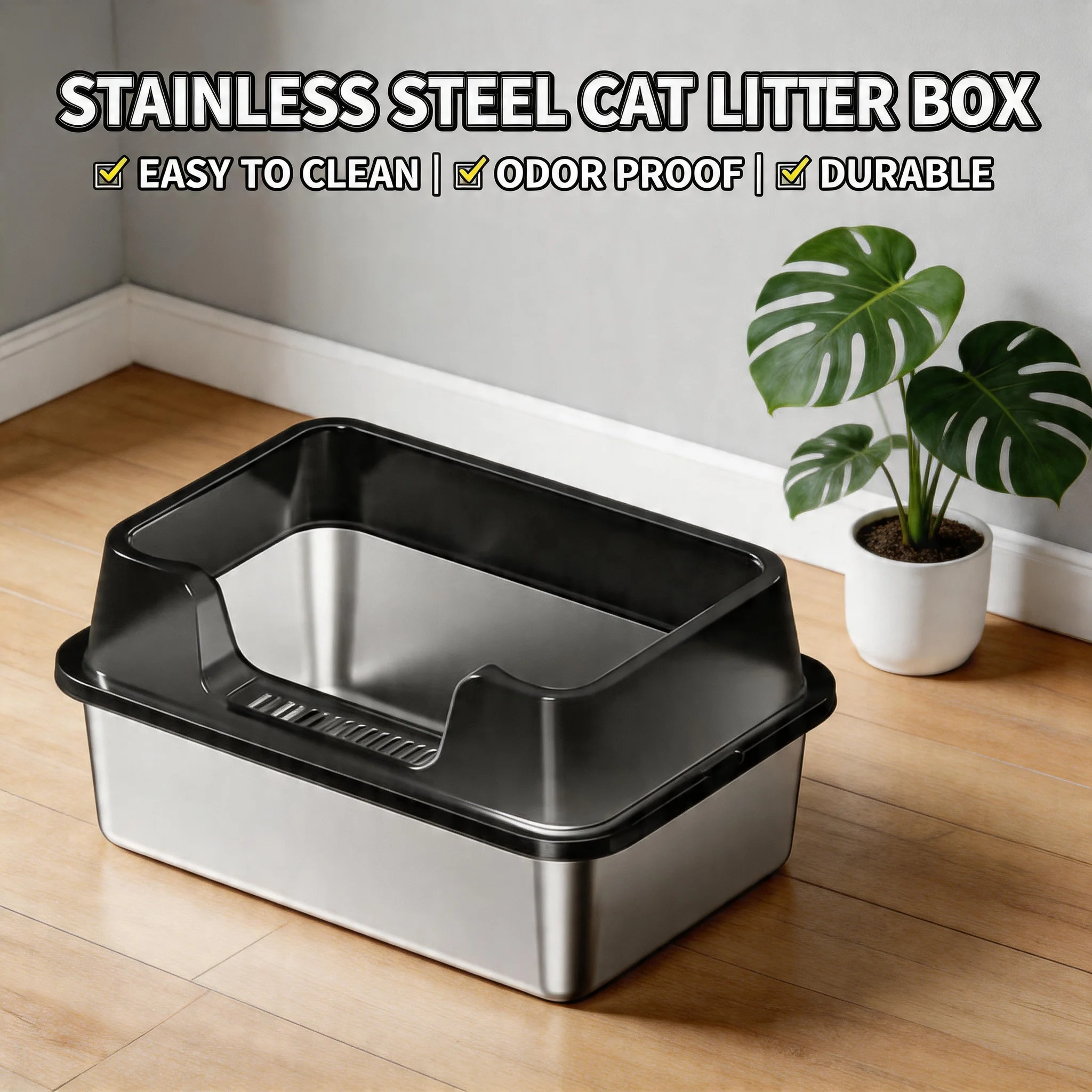 Leak Proof Stainless Steel Cat Litter Box with Lid & Scoop for Big Cat XL Metal Litter Pan High Wall Sides Non-Sticky Enclosed