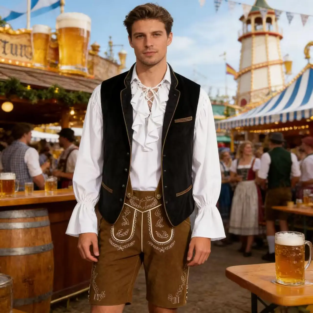 Costume de fête pour hommes, tenue de carnaval d'Oktoberfest, Lederhosen, bretelles, short, chemise, gilet, costume de fête bavarois allemand, cosplay, Halloween