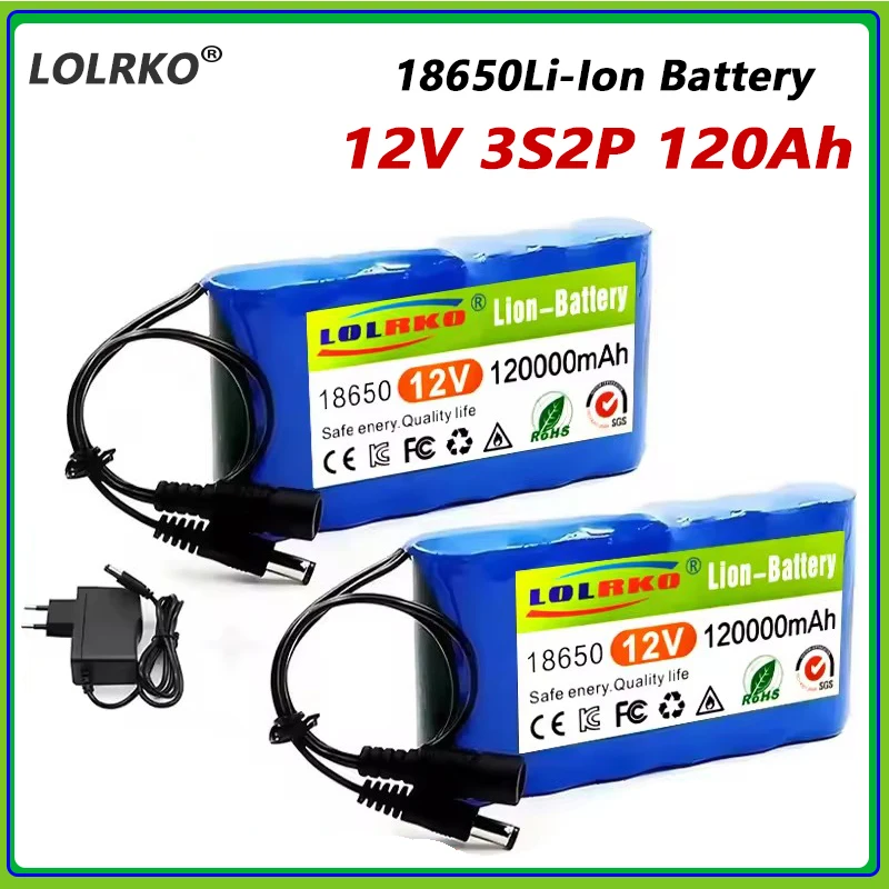 12V 120000mAh 3S2P battery pack 18650 lithium-ion battery with BMS protection board+12.6V charger