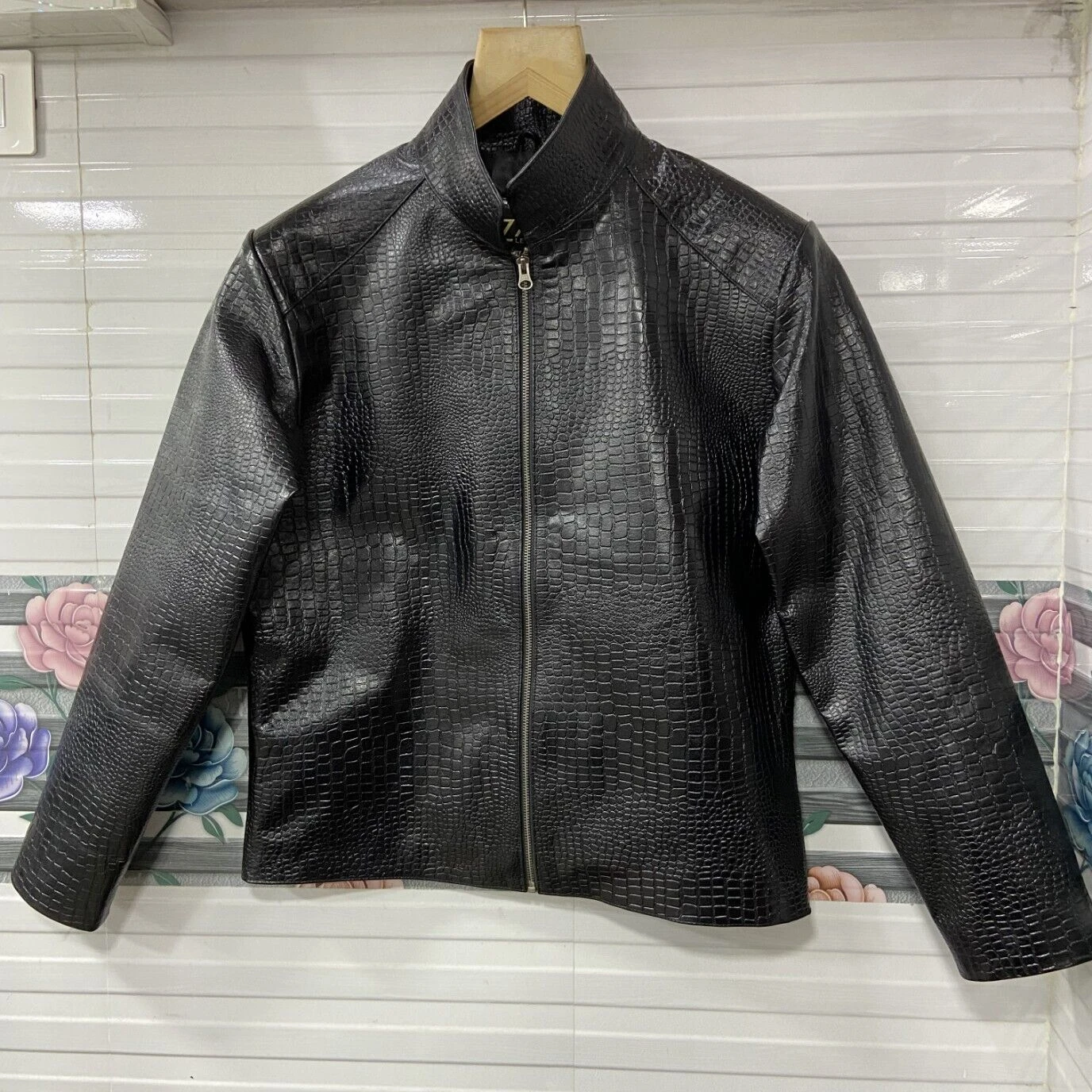 Men Black Real Leather Jacket Crocodile Embossed Biker Motorcycle Vintage Coat