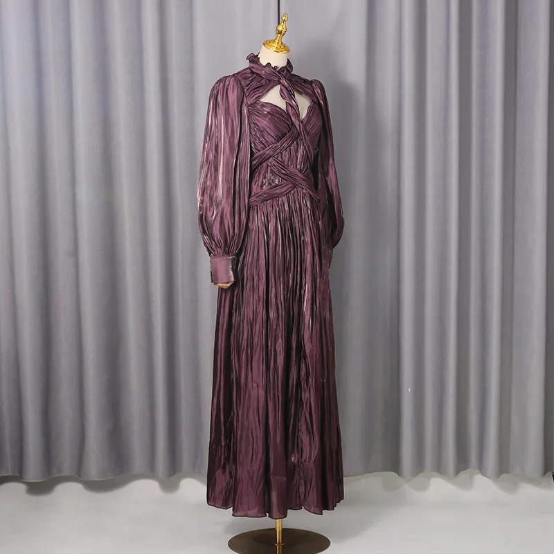 فستان سهرة مثير للنساء للشتاء والربيع بأكمام طويلة أنيق بفتحة عالية فستان ماكسي فاخر مطوي للحفلات فساتين 2026