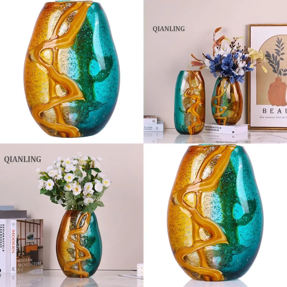 

Ваза из янтарного и бирюзового стекла ручной работы — 23 см высотой, современное декоративное искусство для дома, офиса, жилых помещений