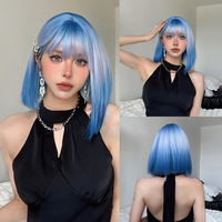 Bob Blue Blonde Ombre Synthetic Cosplay Wig Short Straight Colored Halloween Hair Wig with Bangs for Women Heat Resistant