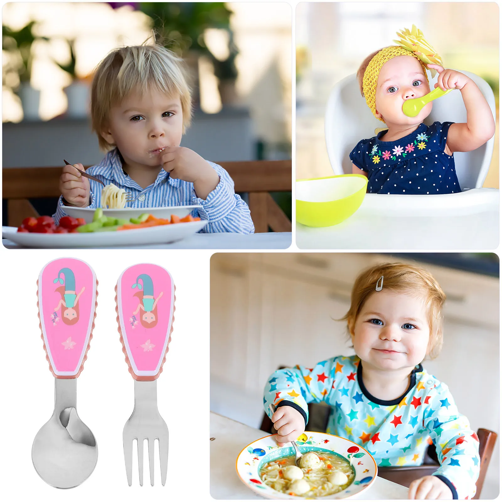 

1Set Baby Feeding Spoon Fork Set Stainless Steel Plastic Infant Dinnerware Cartoon Design Curved Spoon Head Safe for Newborn