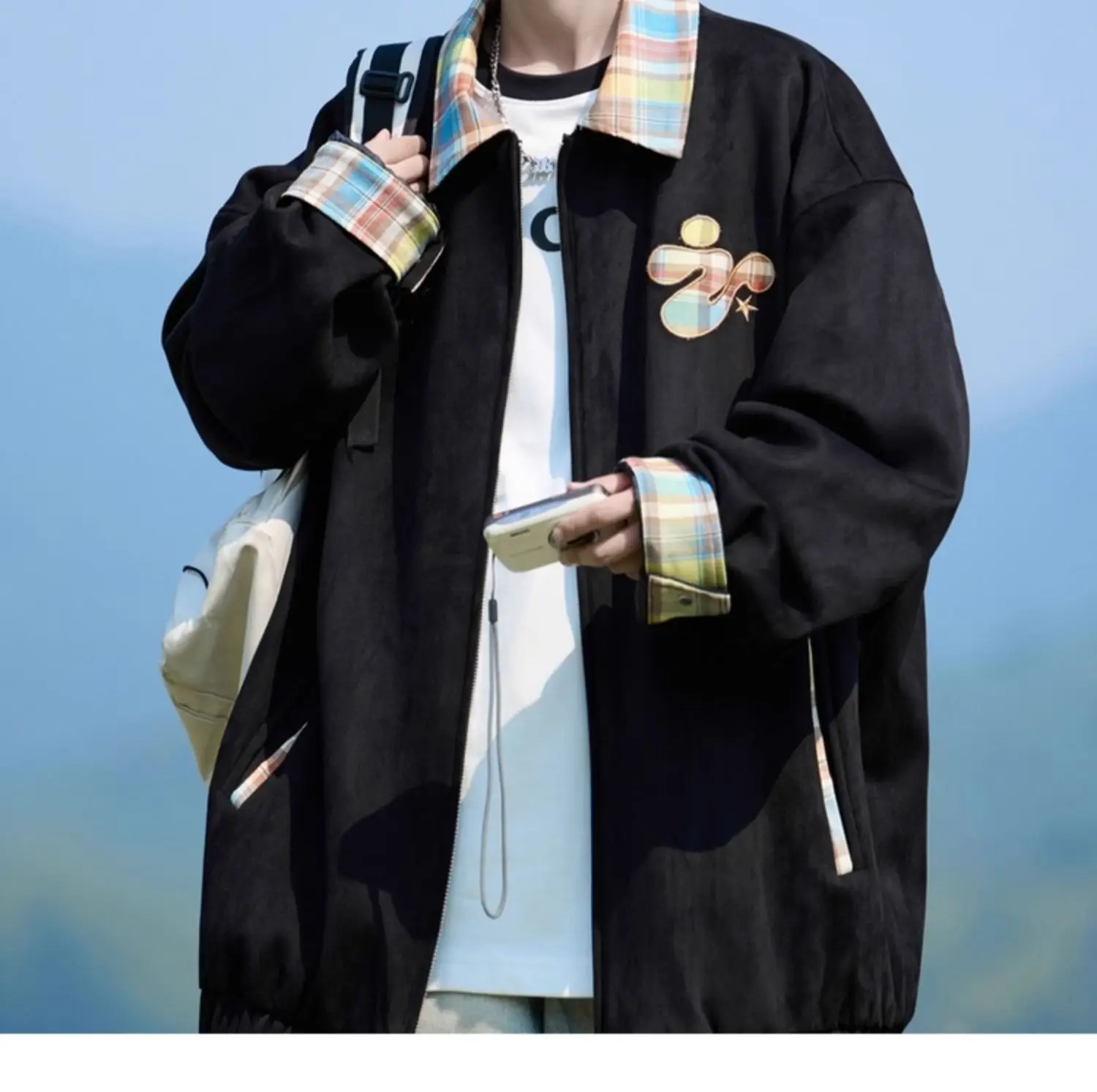 American Style Plaid Patchwork Lapel Black Purple Jacket Men's Spring Autumn New Loose Casual Daily Apricot Jacket