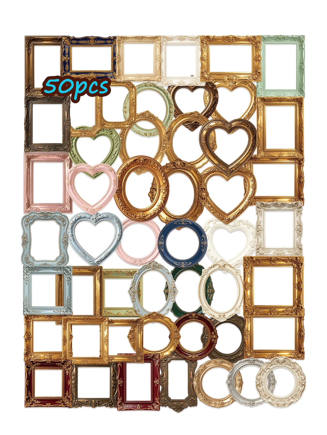50 vintage European-style photo frame stickers, assorted square, round, heart-shaped and lace-decorated stickers, retro Baroque-