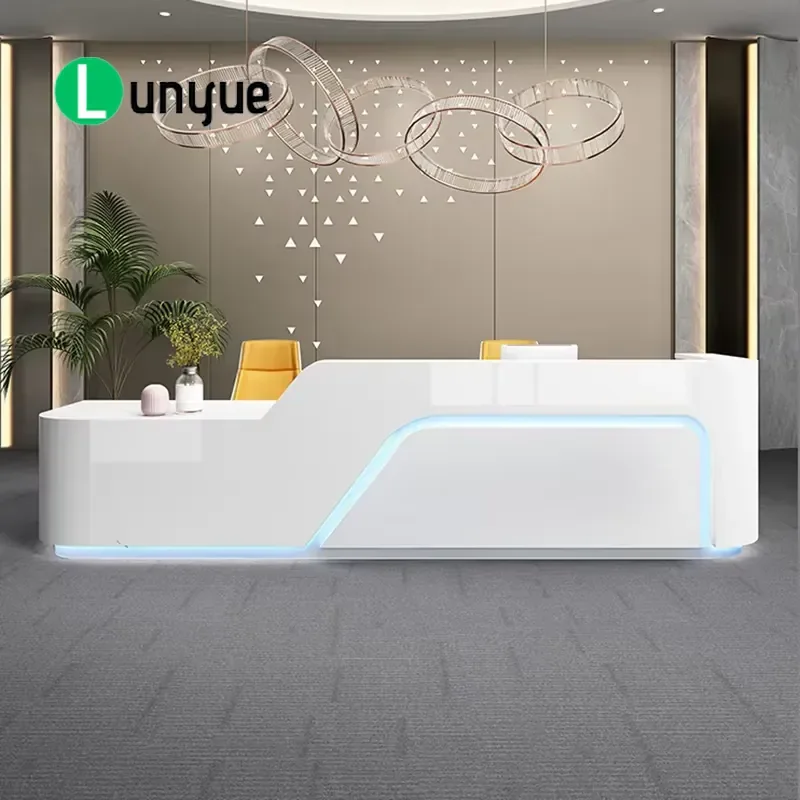Modern High Gloss Wood Reception Desk Extendable Front Counter for Hotel Mall Beauty Small Space Saving Design