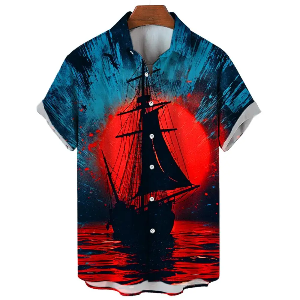 New Unisex Retro Men\'s Hawaiian Shirt Plus Size Shirt Sailboat Compass Marine 3d Print Retro Men\'s Shirt Loose Short Sleeve