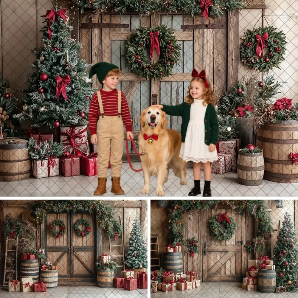 

Christmas Tree Wreath Wooden Door Photography Background Baby Kids Xmas Holiday Party Decoration Backdrop Photo Studio Props