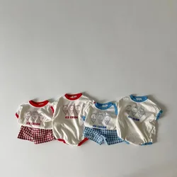 Conjunto de ropa con estampado de helado para bebé, camiseta de manga corta para niño, conjunto de 2 piezas, pantalones cortos a cuadros de algodón, novedad de verano 2024