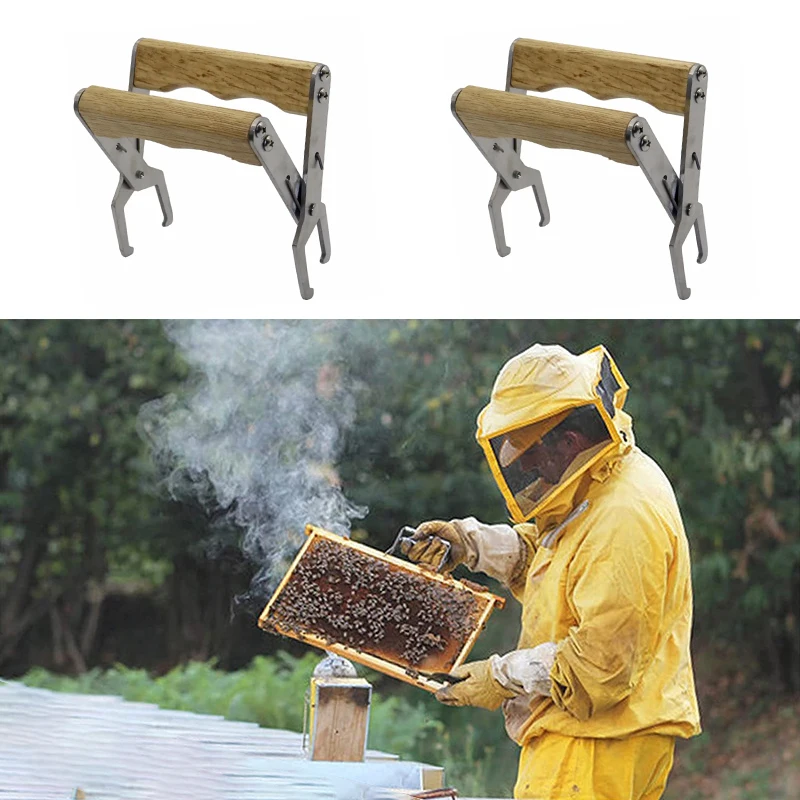 Premium Stainless Steel Beehive Frame Lifter with Wooden Handle Bee Frame Grip Beekeeping Tool for Beekeeper Honeycomb Frame Use