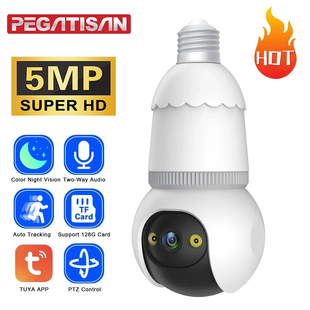 5MP E27 Bulb WiFi Tuya Smart Life Camera Floodlight Auto Tracking Two Way Audio Color Night Vision Outdoor Security Camera