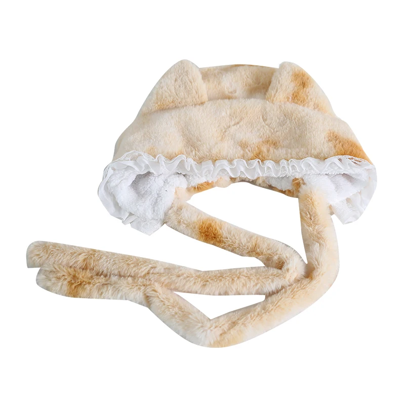 Three Flower Cat Ears Cute Lace Autumn and Winter Ushanka Lolita Plush Tabby Cat Lolita Earflaps Head-Wrapping Hat