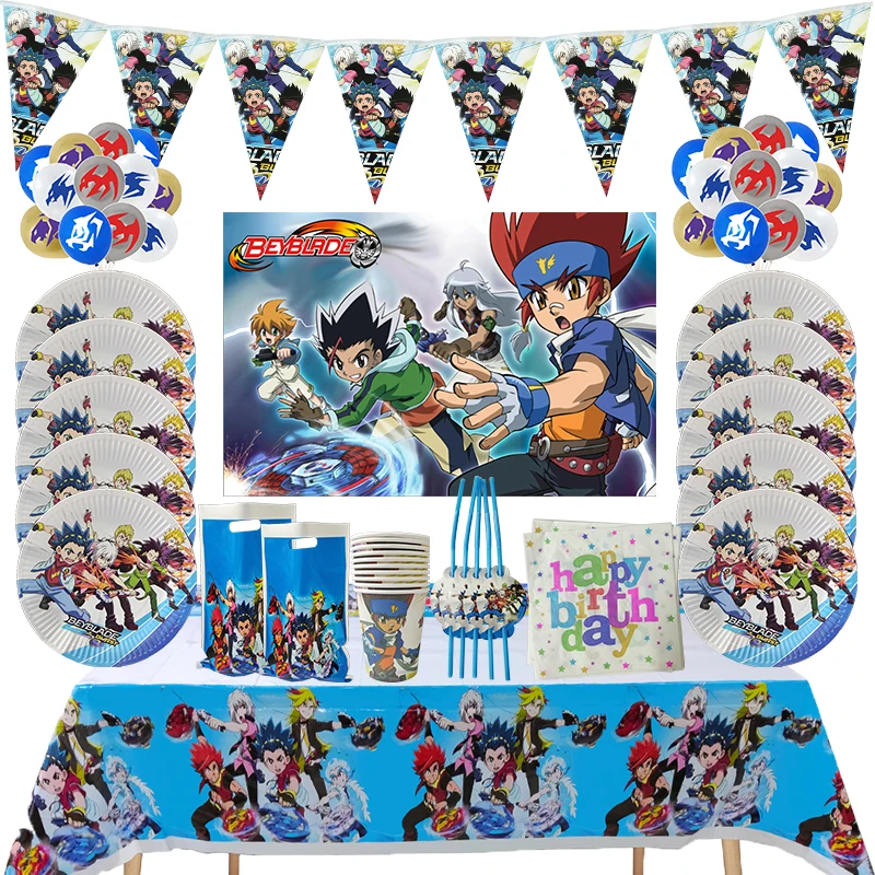 10People Happy Birthday Balloons Beyblade Burst Theme Party Set Decorations Boys Favors Hanging Banner Customizable Background