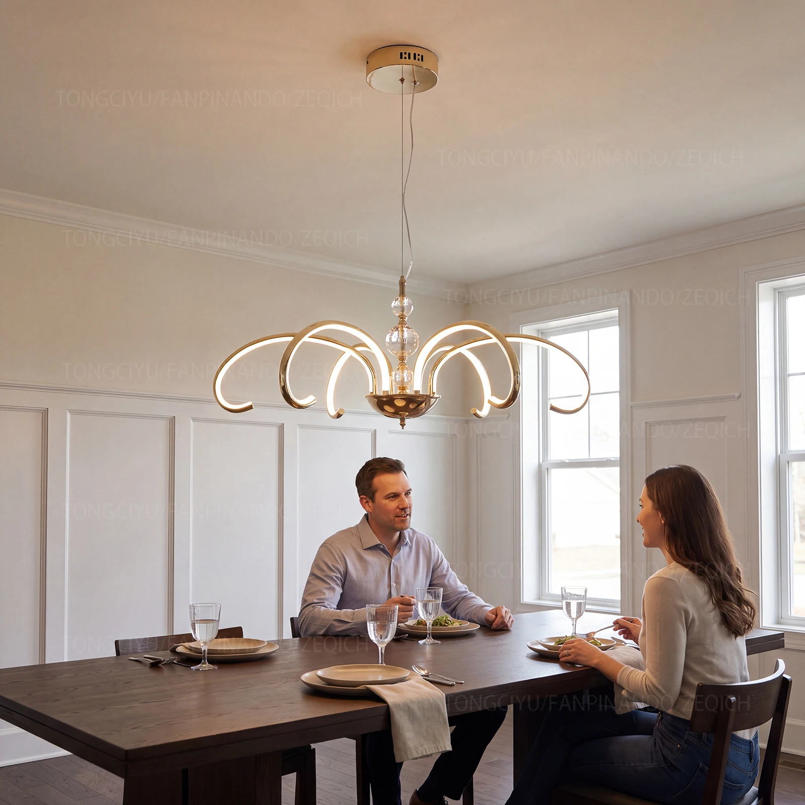 Modern Creative Curved LED Chandelier, Gold/Chrome/Black Optional,Crystal Pendant Light for Living Room/Bedroom/Dining Room