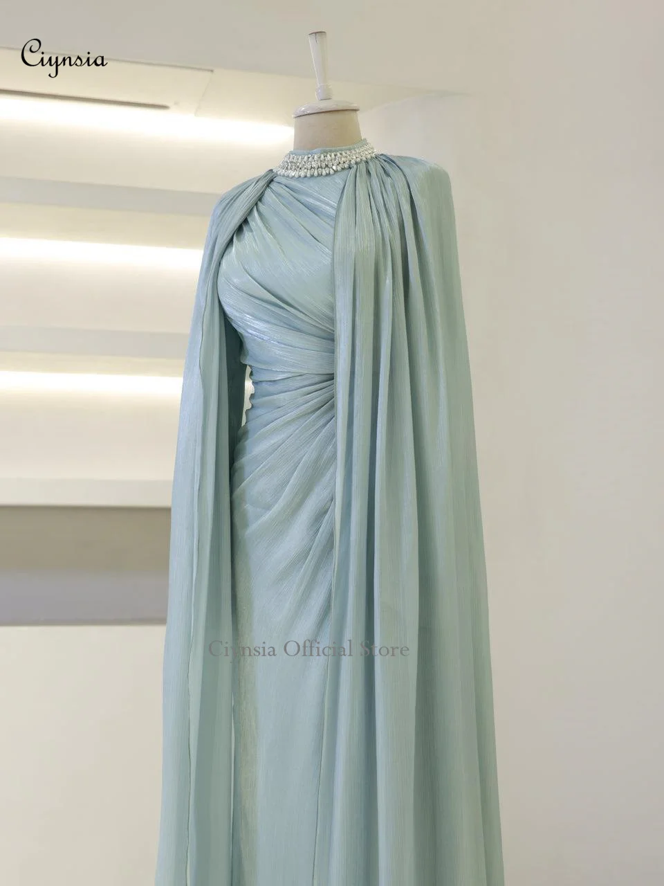 시인시아 이슬람 무슬림 이브닝 드레스 여성 우아한 비즈 크리스탈 넥 롱 슬리브 정장 드레스 베스티도스 데 갈라