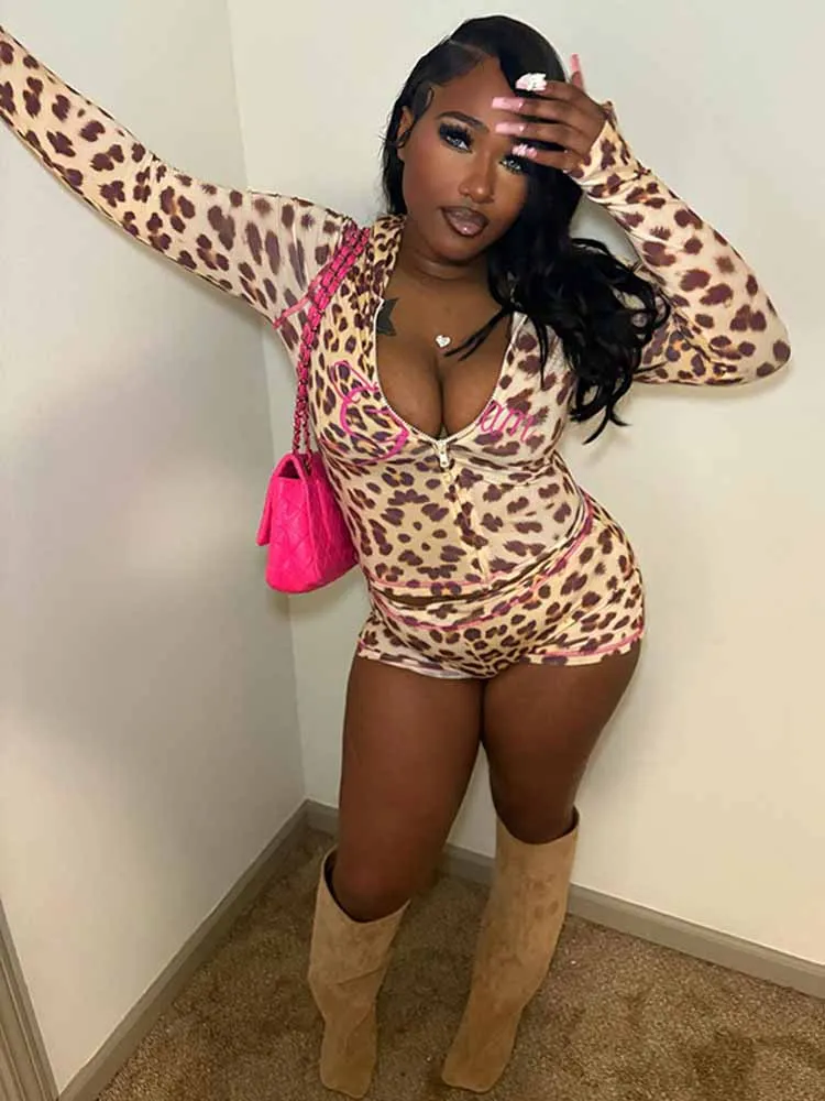 

BKQU Leopard Print Shorts 2 Piece Set Women Y2K Zip Hoodies Outfits Long Sleeve Crop Tops Vintage Letter Stretch Matching Suits