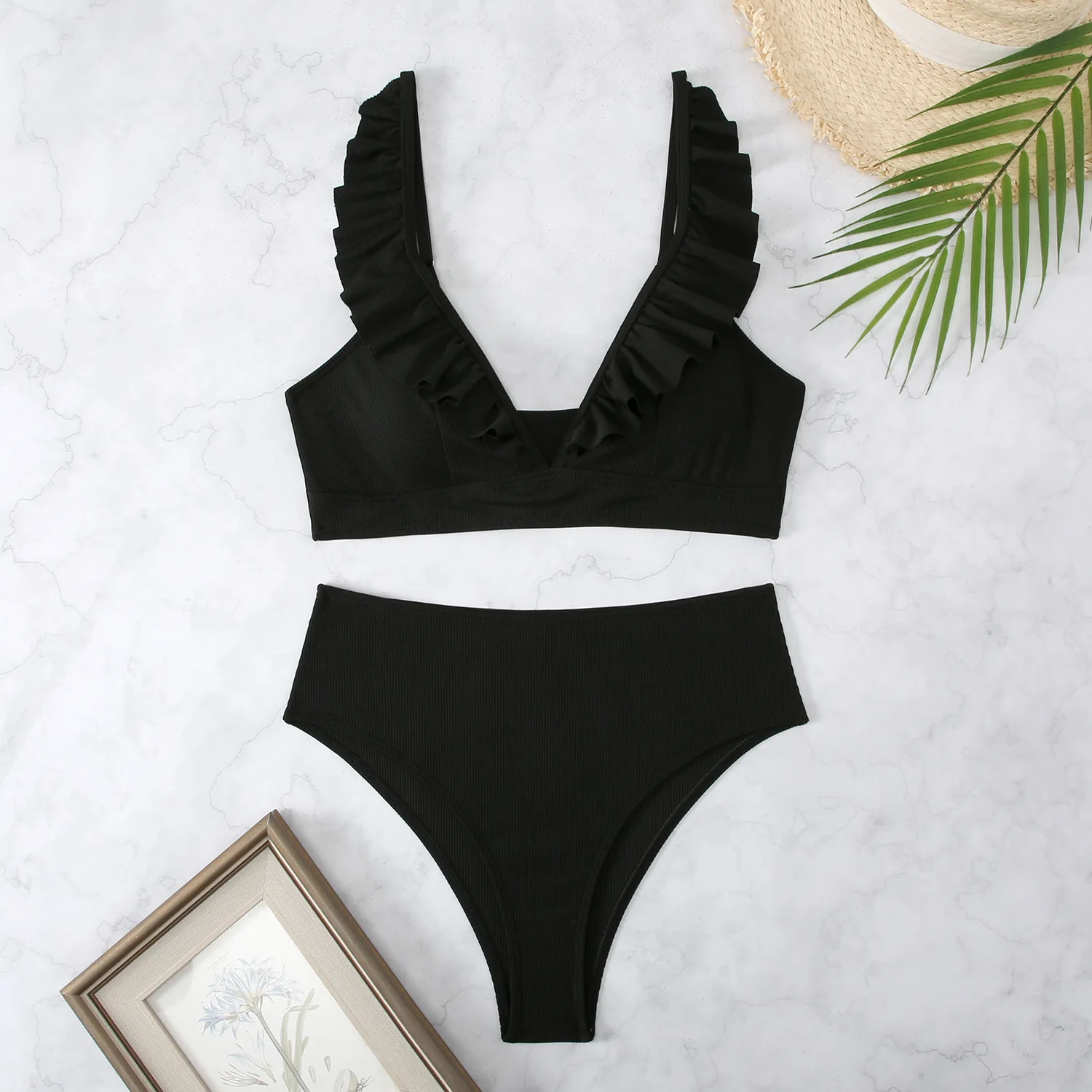 Women Solid Black Ribbed Ruffle Bikini Set Deep V Neck Underwire Swimsuit Summer Beach Bathing Suit Swimwear Pool Vacation