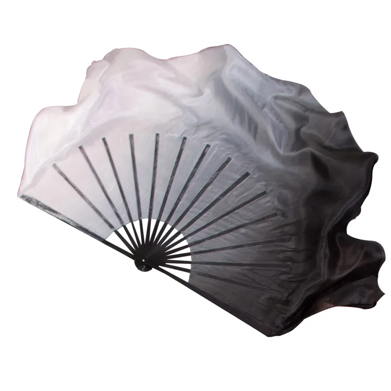 Real Silk Short Fan Veil Dual Layers Double Fan Pairs(1L+1R) Women Belly Dance Folk Dance Gradient Fan Props Black Bamboo