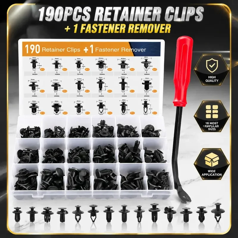 190pcs Boxed Car Clips Nylon Rivet Fastener for Car Door Panel Front Rear Bumper Water Tank Guard Interior Trim