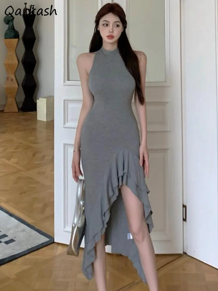 

Sexy Dresses Women Irregular Slim Elegant Side-slit Fashion Summer Ulzzang Females Party Sleeveless Midi All-match Clothing Pure