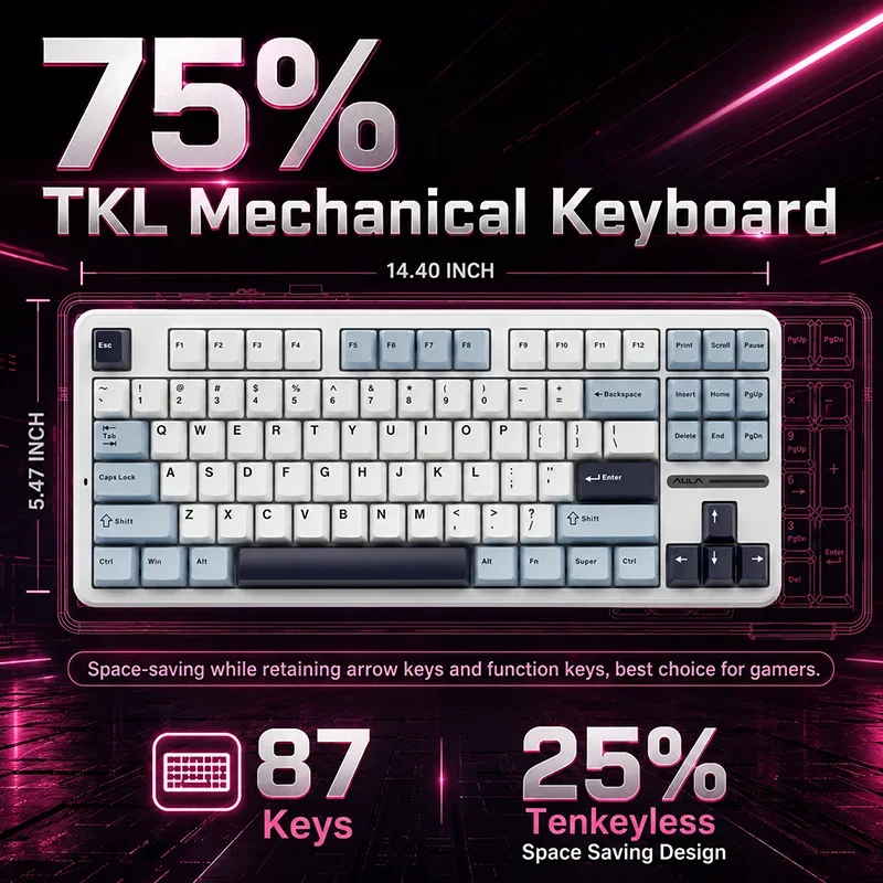 AULA F87Pro Wireless Mechanical Keyboard 87 Key TKL RGB PBT Gasket Tri Mode 2.4G Bluetooth USB Hot Swappable for Desktop Gamer