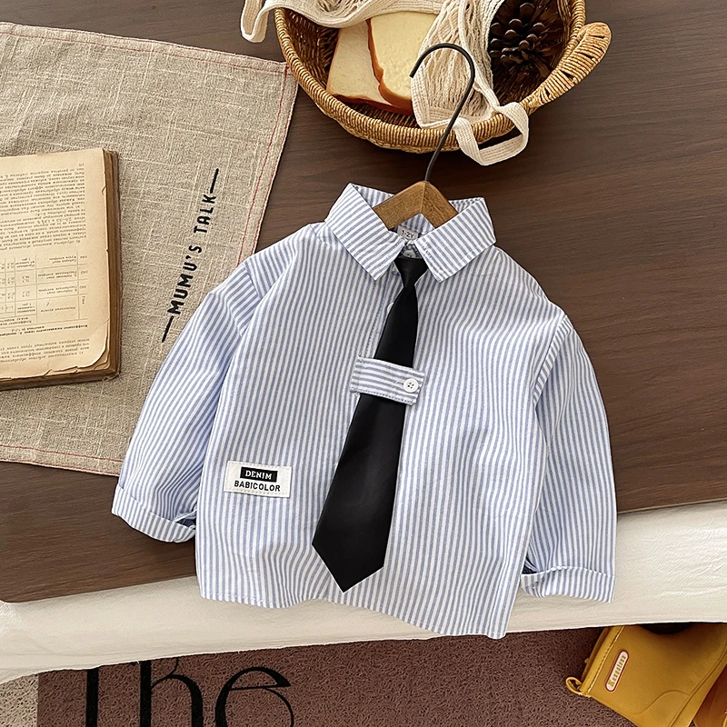2-teiliges Set für Kleinkinder, Jungen, gestreiftes Hemd mit Krawatte und schwarze Hose, Kinder-Gentleman-Schul-Freizeit-Outfit, 1–5 Jahre – Detail 4