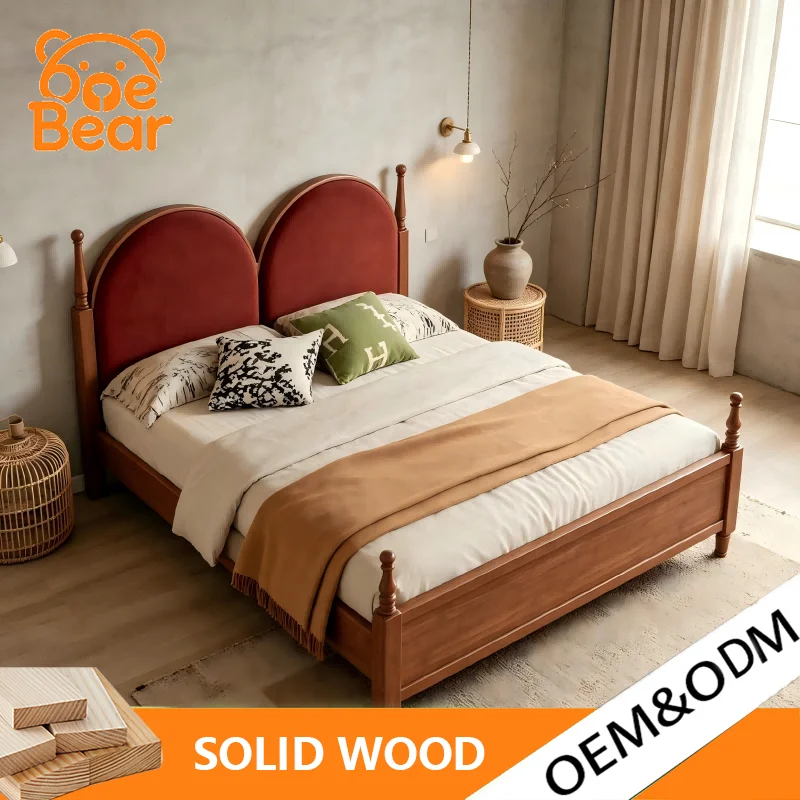 Vintage Medium Antique French Solid Wood Double Bed Arched Upholstered Headboard for Small Apartment Master Guest Bedroom Decor