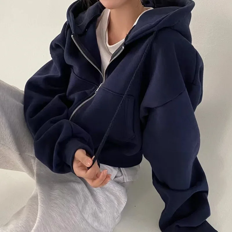 ฤดูใบไม้ผลิฤดูใบไม้ร่วงใหม่ Insfleece-เรียงรายอเนกประสงค์ Cropped Slims Smooths Silhouette Zip-up WARM Navy Blue Hooded Sweatshirt ผู้หญิง