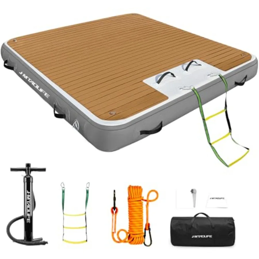 Plataforma Flotante Inflable con Acabado de Madera, Plataforma Flotante Antideslizante de EVA para Agua, con Escalera Desmontable para Lago o Piscina