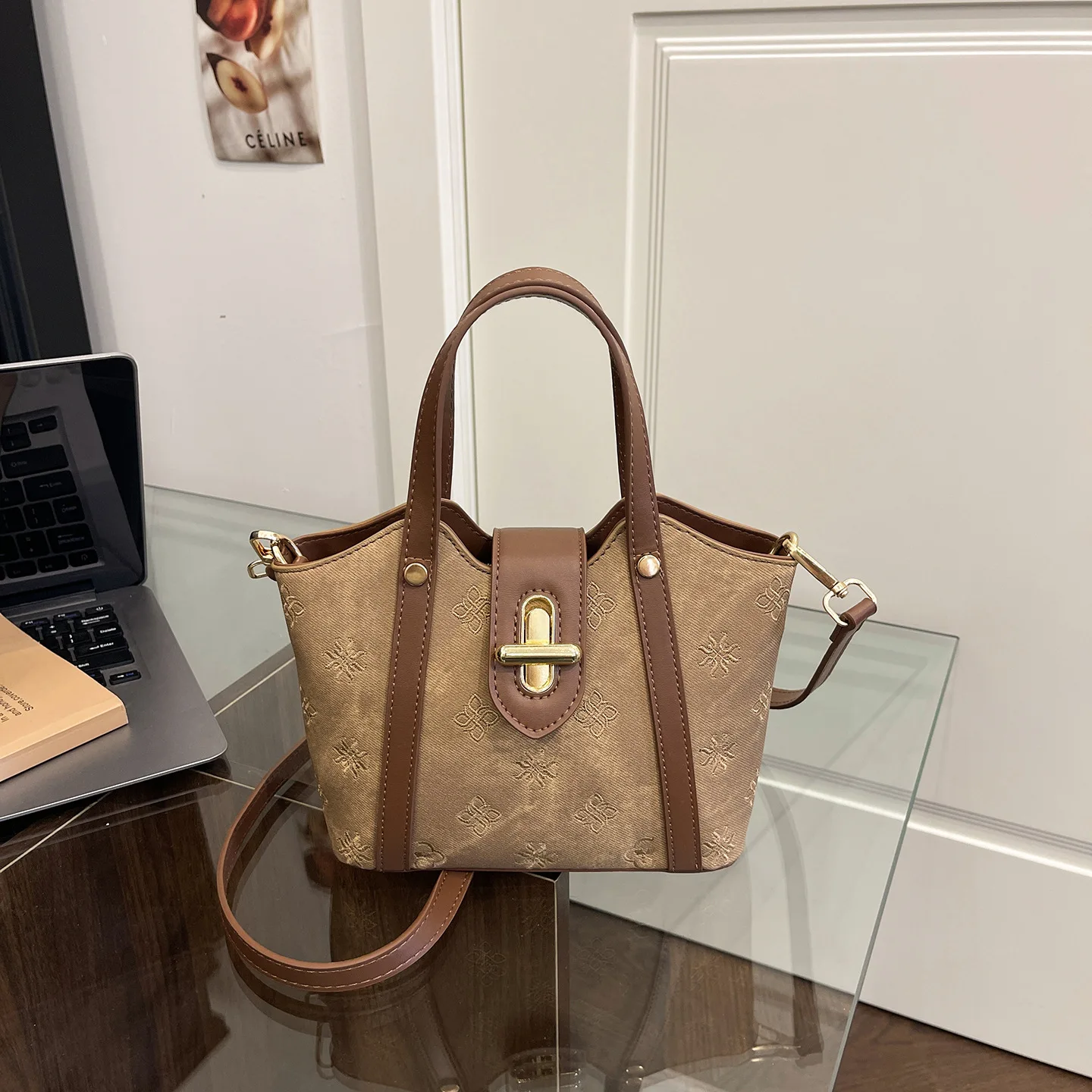 Retro Floral Embossed Mini Bucket Bag for Women, PU Leather Top Handle Handbag, Convertible Crossbody Shoulder Purse for Daily C