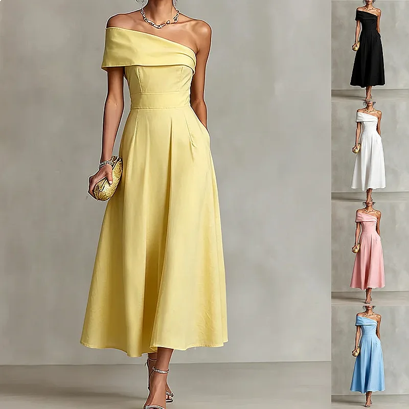 Women's Elegant Solid Backless One Shoulder Slim Dress Spring Summer Dresses