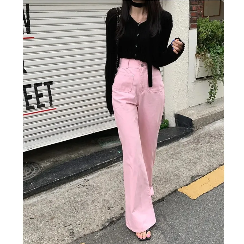 High Waist Bell Bottom Denim Jeans Long Pants Trousers with Buckle Casual Cotton Non-Stretch High Elasticity Standard Fit