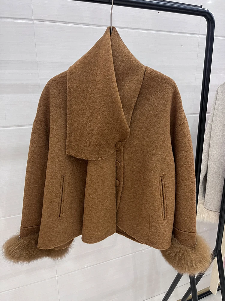 Winter Natural Fox Fur Cuff Coat Cashmere Wool Jacket Woolen Scarf Ladies Outwear Female Coat Women Luxury Jacket