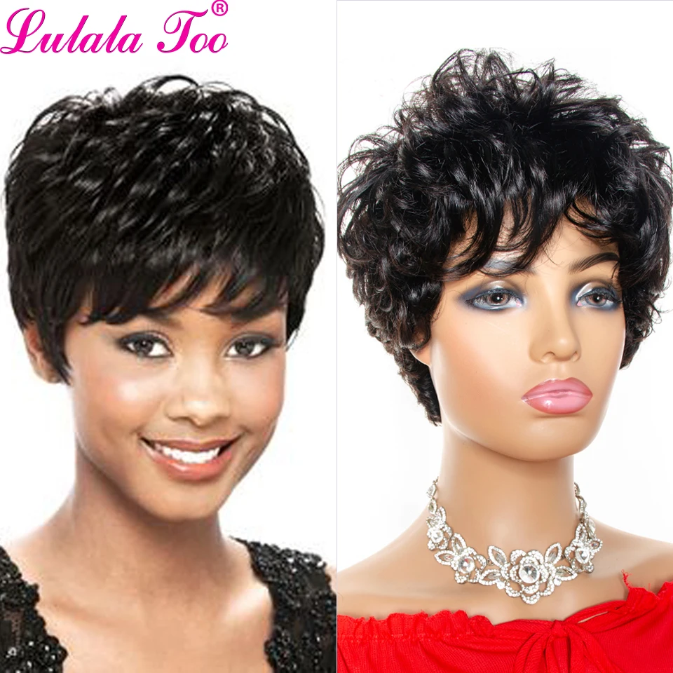 Short Human Hair Wigs Pixie Cut Wig With Bangs Brazilian Loose Curly Full Machine Made Wigs For Women  Remy Hair 0051