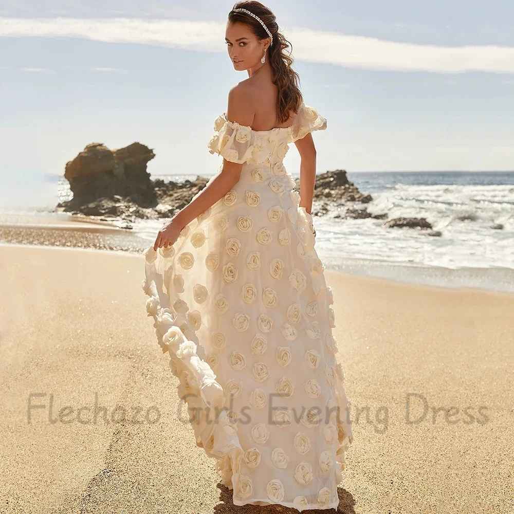 Flechazo 3D Flowers Sweetheart Prom Dress Short Sleeves Classic A-Line Floor Length Women Custom Made Famous Party Gowns