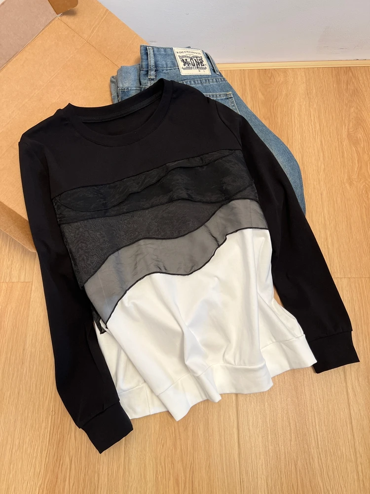 

Женская толстовка больших размеров с цветными блоками, длинными рукавами, свободного кроя, модная, весенняя новинка, в корейском стиле, с круглым вырезом, для полных женщин