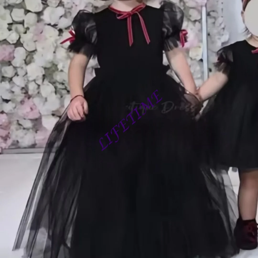 Customized Cute black puffy skirt Velvet bow Flower Girl Dress for wedding flower child Birthday party Holiday Celebra