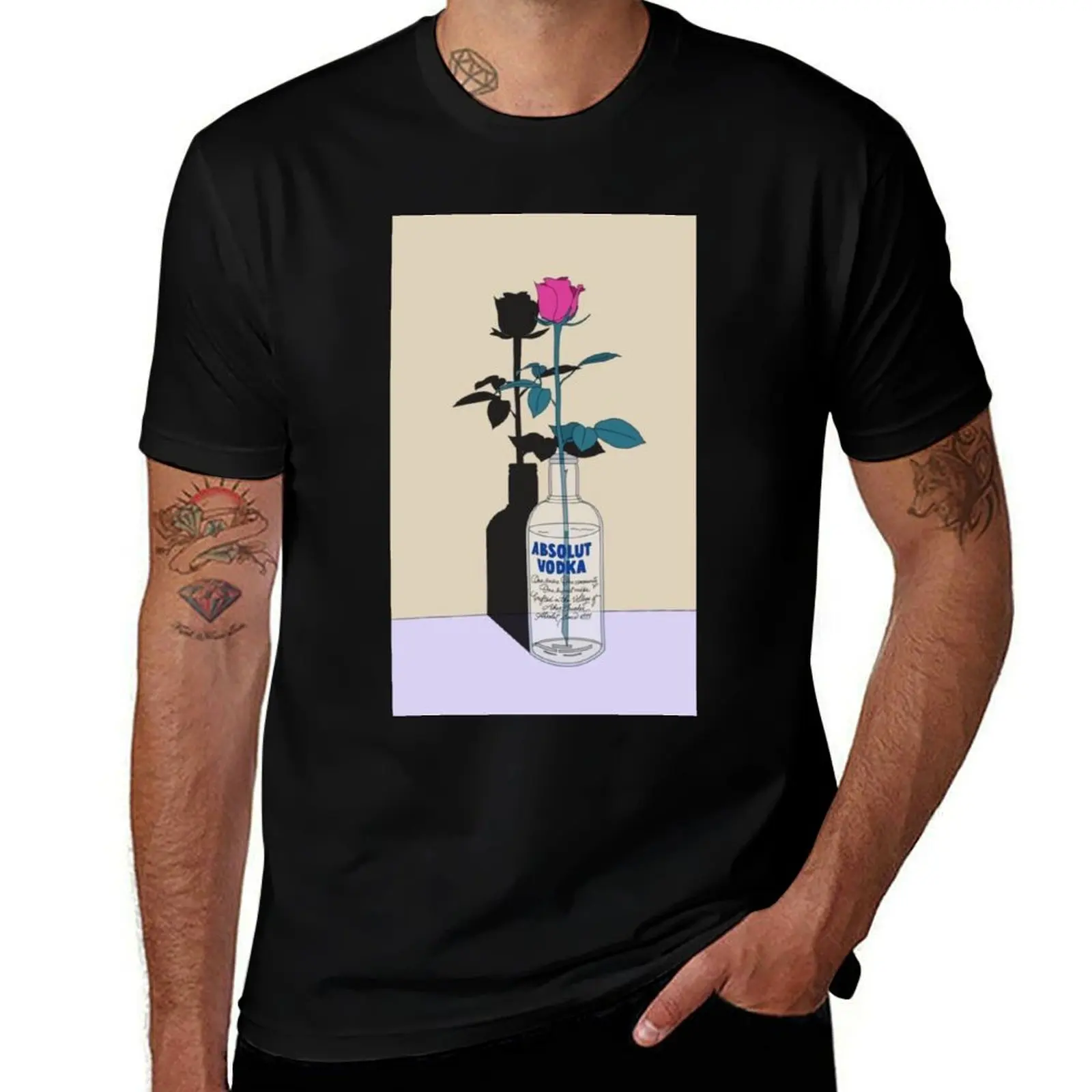 Absolute Rose Art Print Illustrated Floral Design Unique Vodka Bottle Vase Print for Decor & Apparel T-Shirt