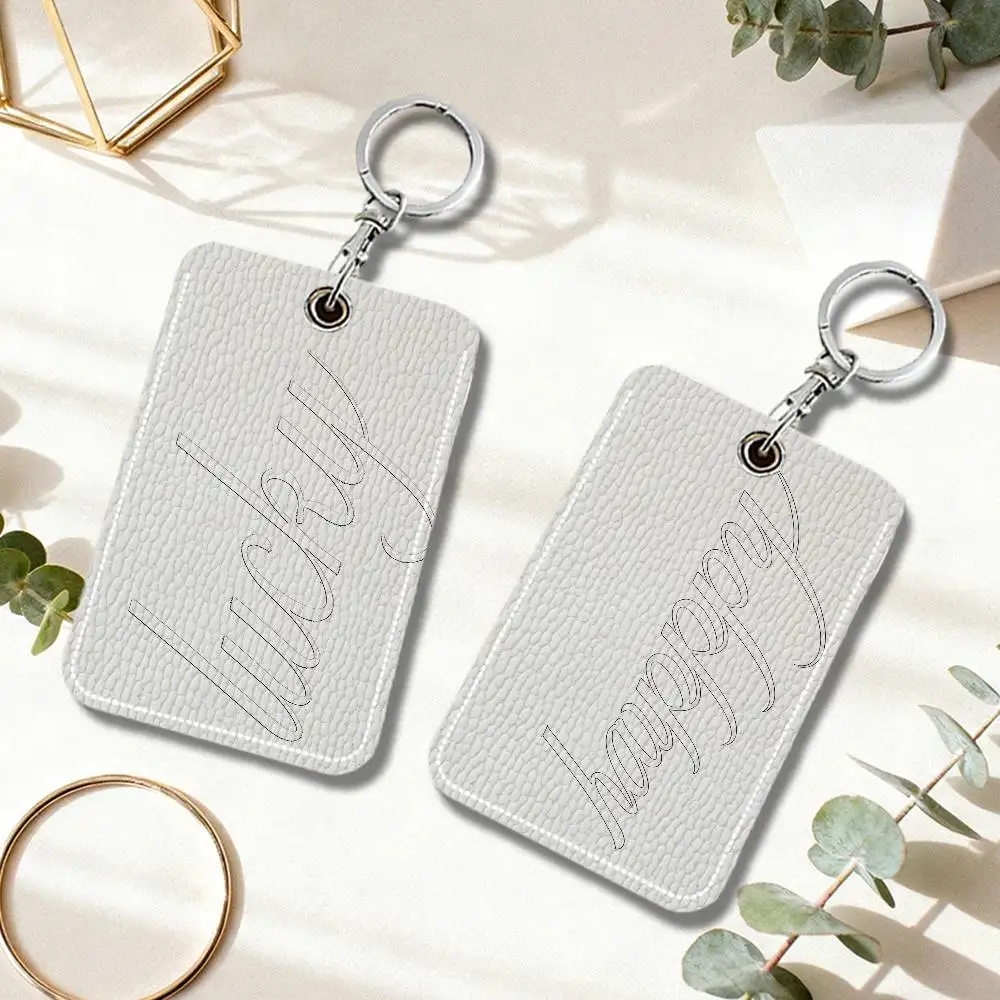 Ins English Word Lucky Keyring Leather Access Card Holder Keychain Community Proximity Card Protective Case