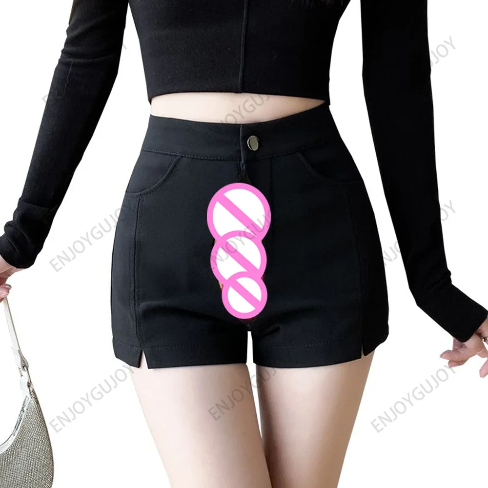 Schwarze Shorts mit hoher Taille Frauen, unsichtbarer Sex mit offenem Schritt im Freien, Sommer Frau Kleidung Scheide Basis Bootcuts Hosen sexy heiße Hose