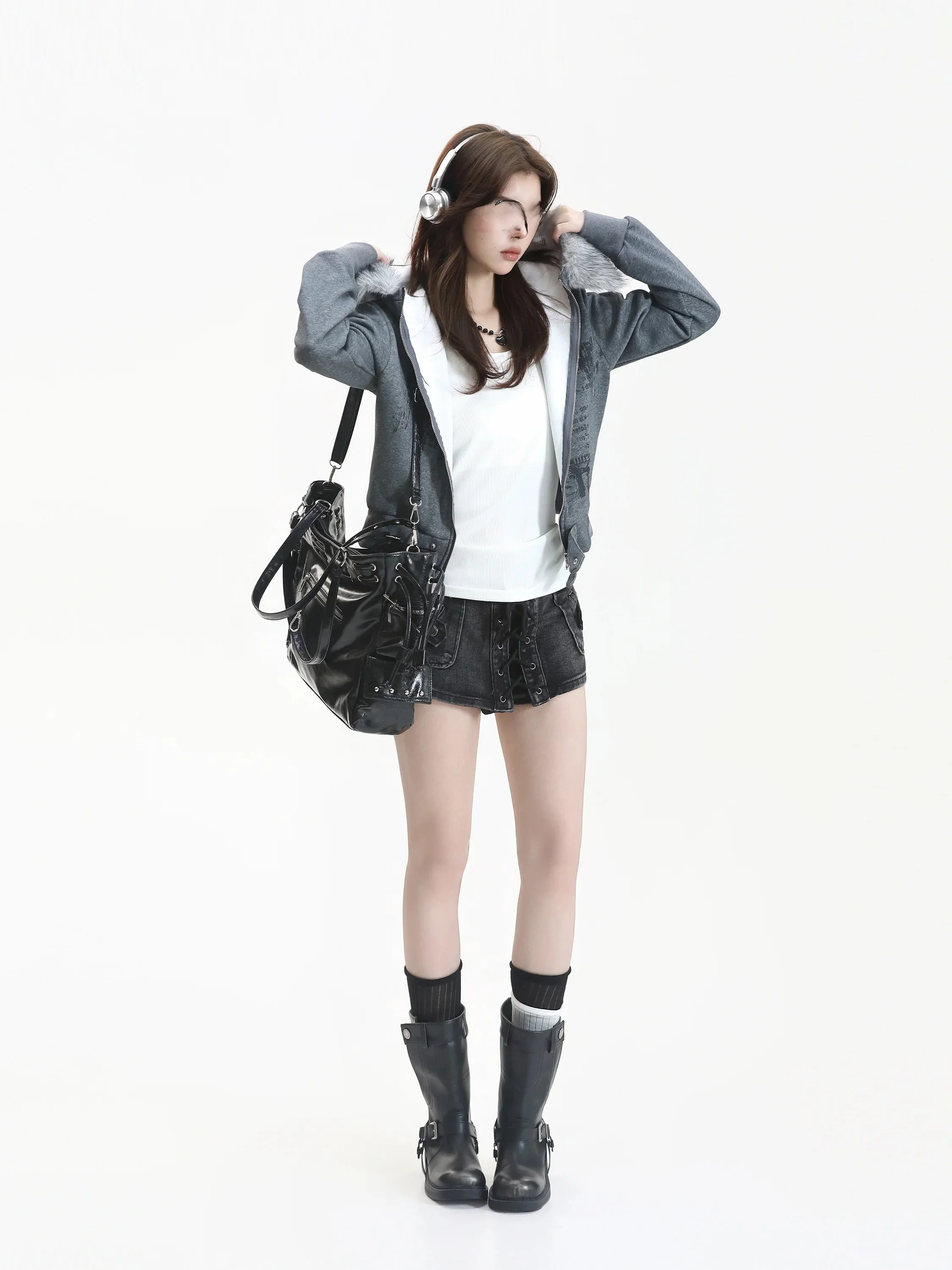 Retro American Style Faux Fur Collar Hooded Open Cardigan Sweatshirt Women's Short Coat Printed Distressed Look Spicy Girl Style