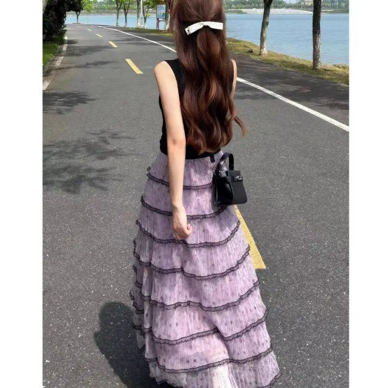 Violet Elegant Long A-Line Skirt Women's Retro High Waist Draped Large Hemline Cake Skirt Two-Piece Set Casual Polyester