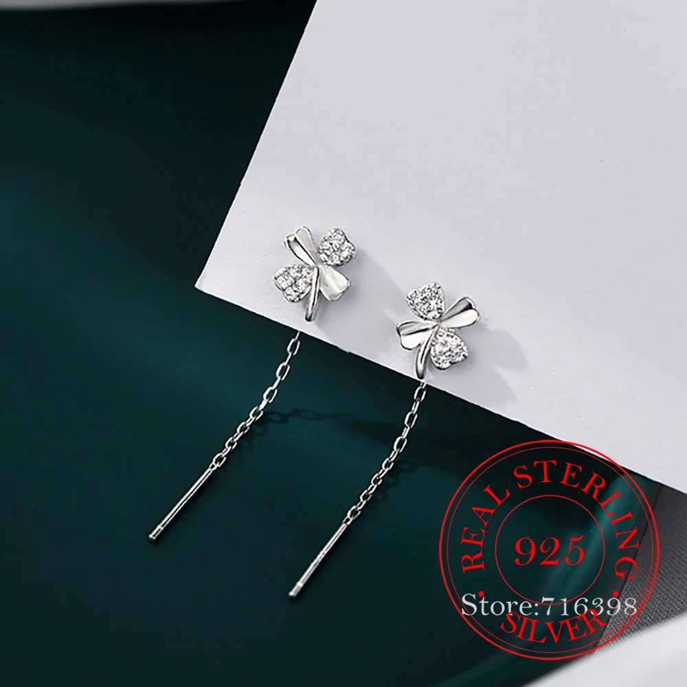 

925 Sterling Silver Clover Ear Line Tassel Drop Earrings For Woman Christmas Gifts Piercing Jewelry Aretes De Mujer Party Gift