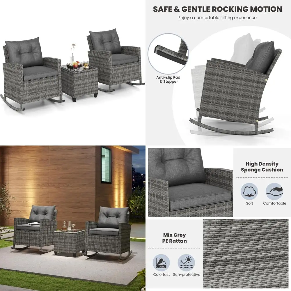 

Rattan Outdoor Rocking Bistro Set with PE Wicker Chairs and Tempered Glass Table, Including Cushions