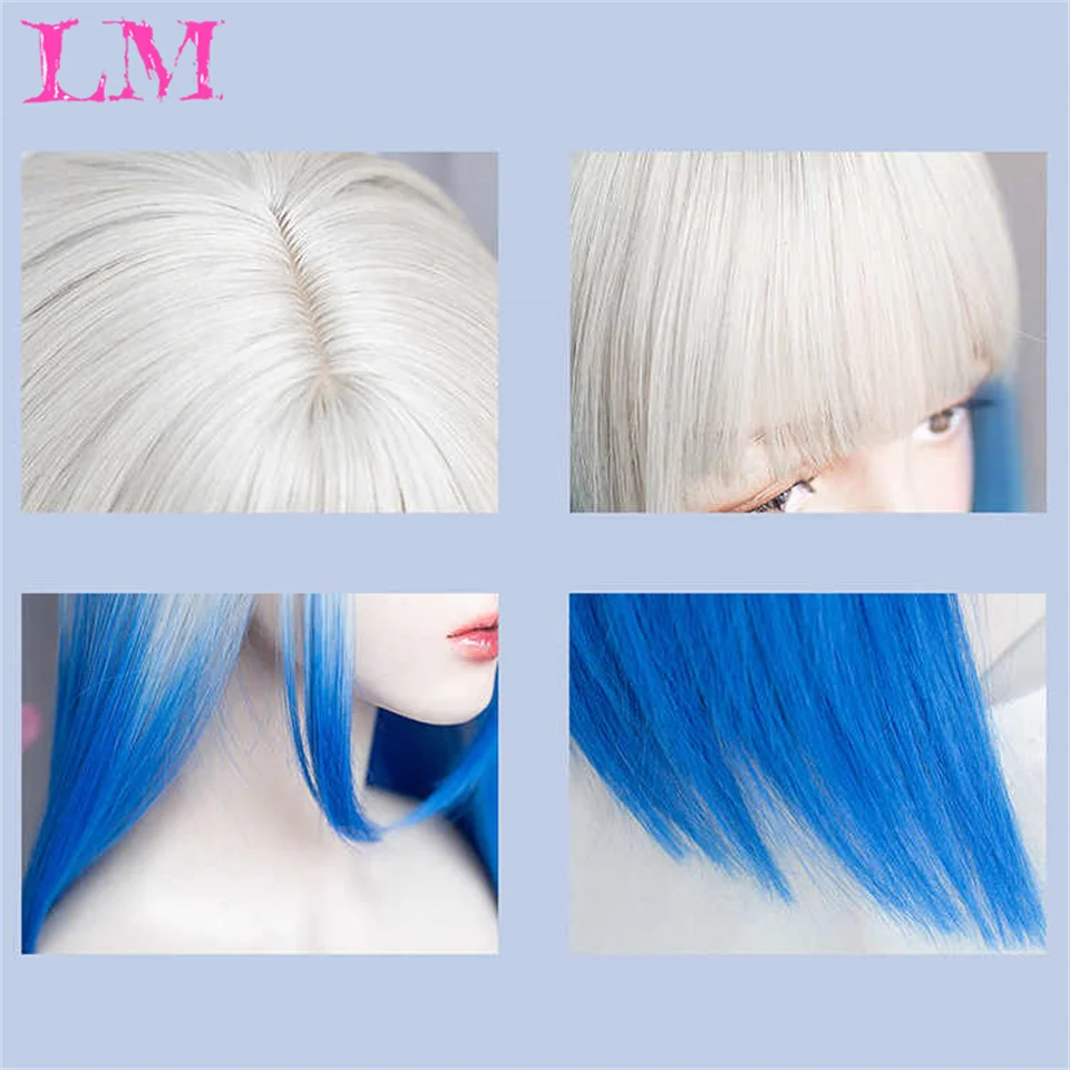 LM Sea Blue Color Synthetic Wigs With Bangs Long Natural Wavy Hair Wig For Women Cosplay Drag Queen Party Heat Resistant