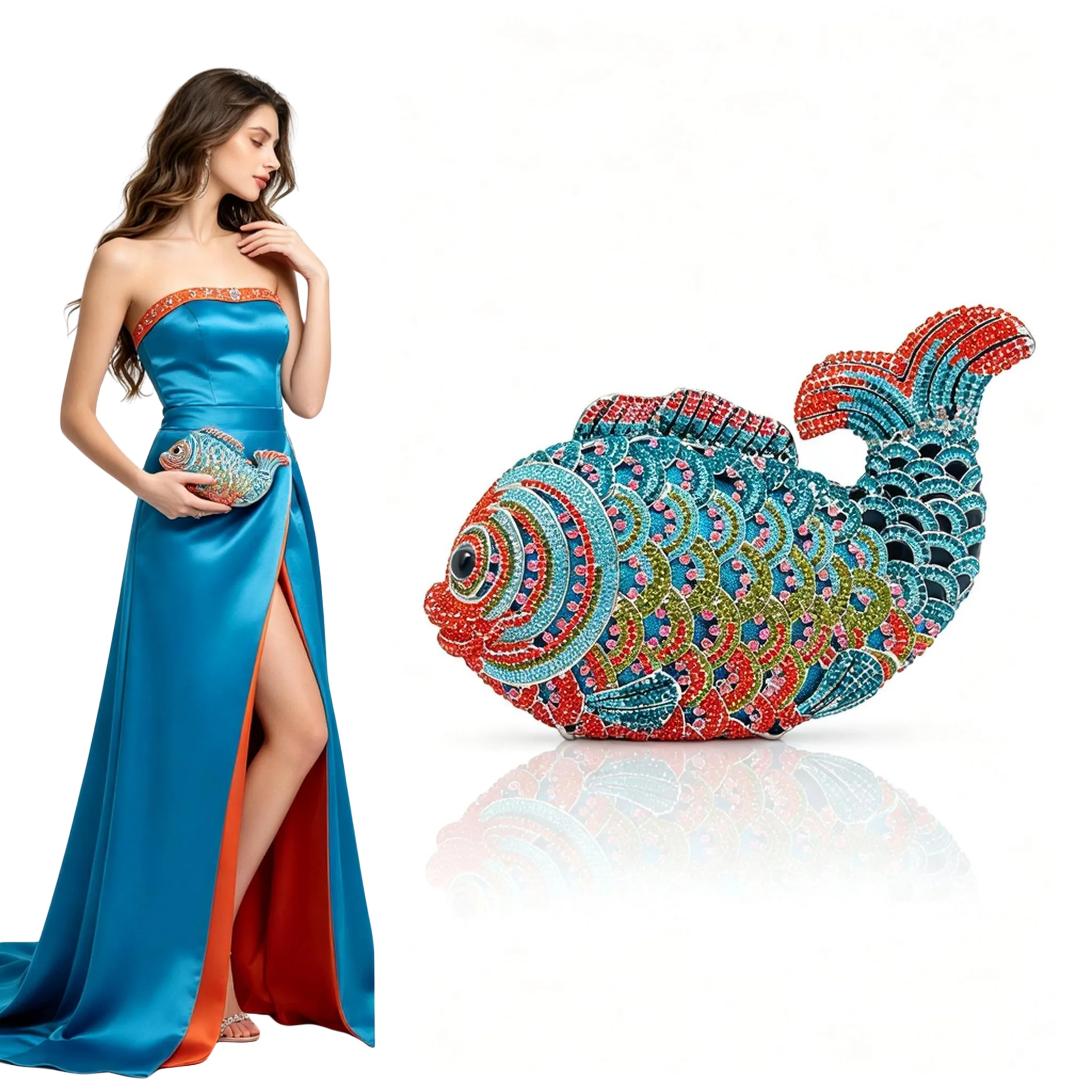 Women's Luxury Crystal Fish Clutch Bag Rhinestone Evening Handbag Wedding Party Bridal Purse Metal Hard Case for Cocktail Prom D