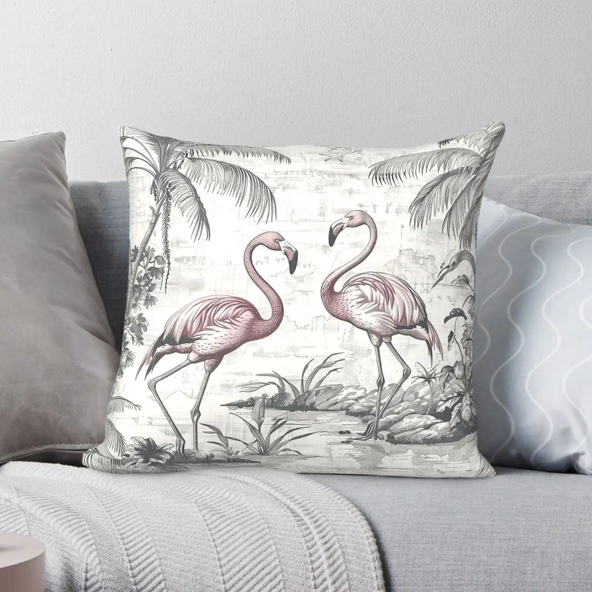 Flamingo Toile Greyscale Quadratischer Kissenbezug, Polyester, Leinen, Samtmuster, Reißverschluss, Dekor, Kissenbezug, Auto-Kissenbezug