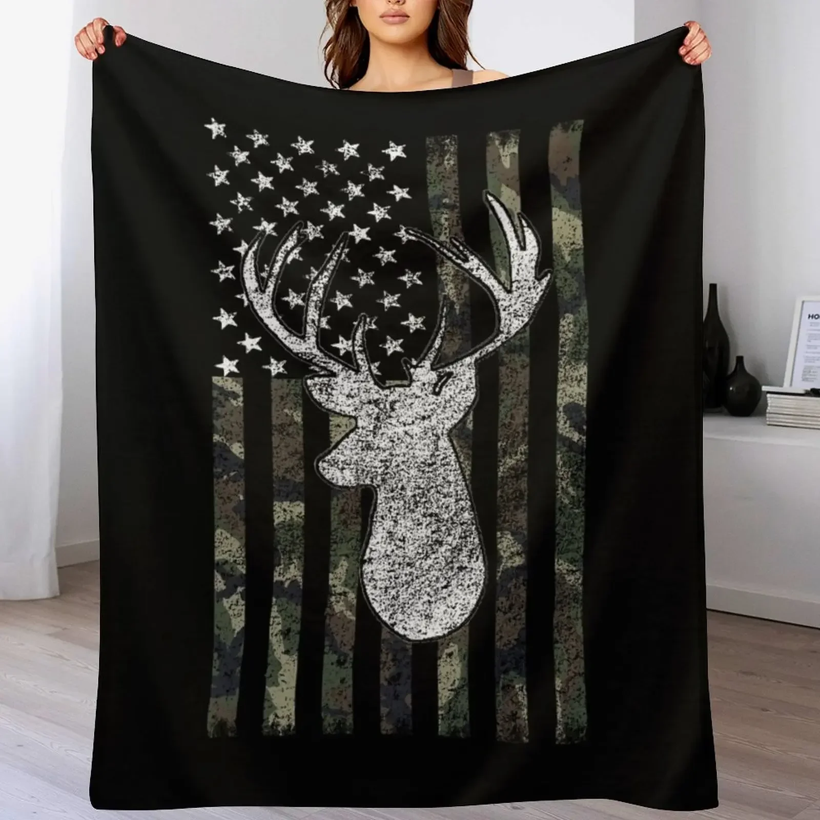 Deer Hunting Buck Camouflage Flag Throw Blanket Thins Cute Plaid Shaggy Blankets