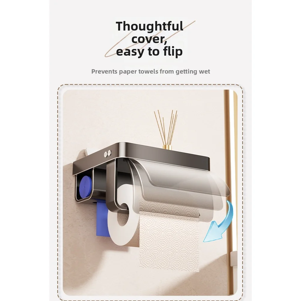 Paper Product Box Holder Mounted No Drill Aluminum Material with Dispenser Shelf and Waterproof Barrier 17x14x9.2cm